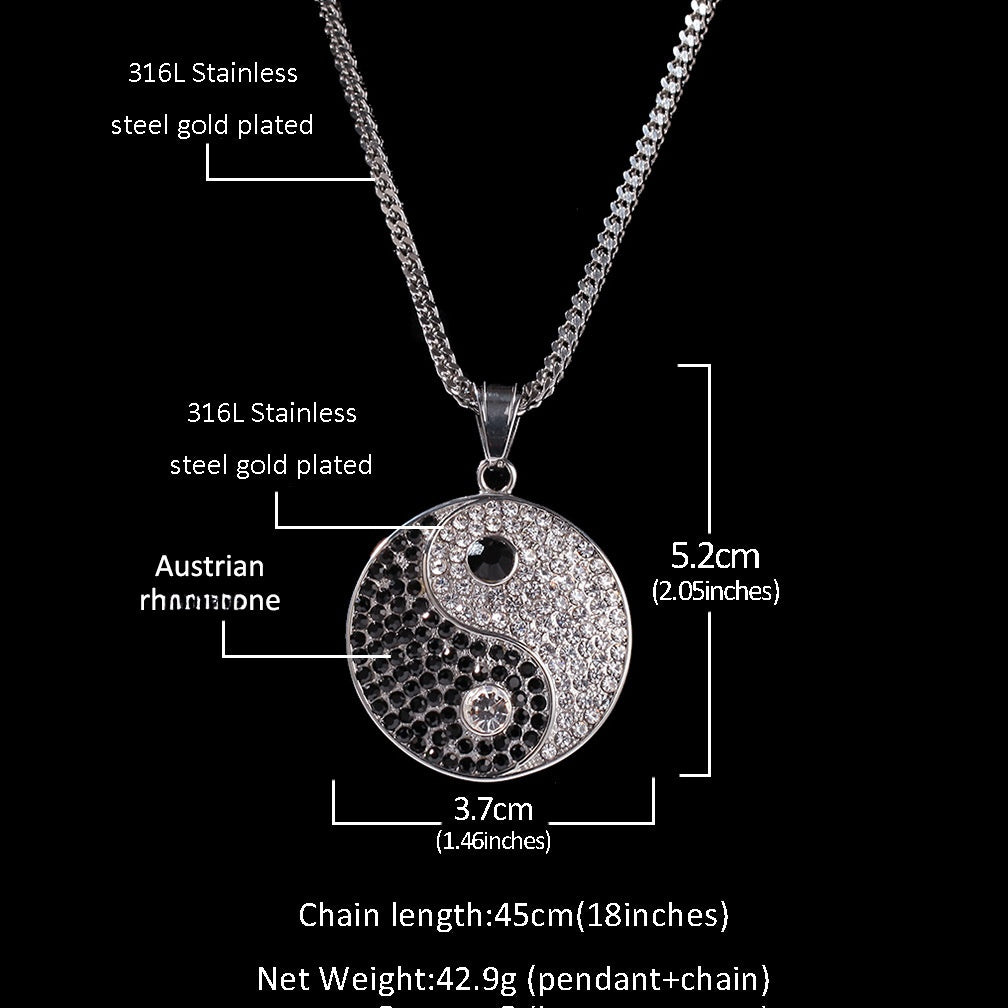 Gold Plated Stainless Steel Yin Yang Pendant Necklace with Crystal Round Charm Chain for Women and Men