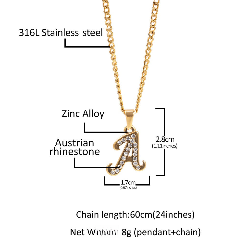 2026 Iced Initial Letter Pendant Necklace for Men & Women - Stainless Steel A-Z Charm with 3mm 60cm Cuban Chain, Hip Hop Gold or Silver Tone