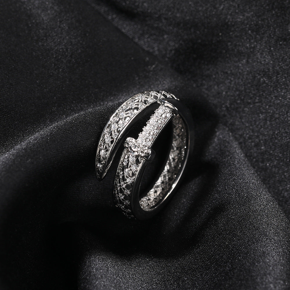 Unisex Silver Tone Cubic Zirconia Statement Ring - Trendy Openwork Line Band for Women & Men product image