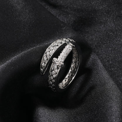 Unisex Silver Tone Cubic Zirconia Statement Ring - Trendy Openwork Line Band for Women & Men
