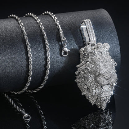 Lion Head Cubic Zirconia Pendant Necklace, Cuban Chain Streetwear Hip Hop Jewelry, 24 Inch Twisted Chain, White Tone / Yellow Tone