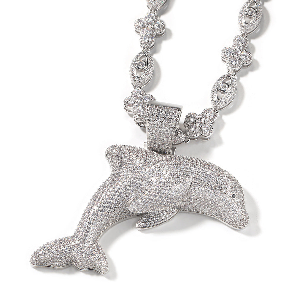 Iced Dolphin Pendant Necklace for Women with Blue & White Cubic Zirconia, Silver Plated Statement Chain product image