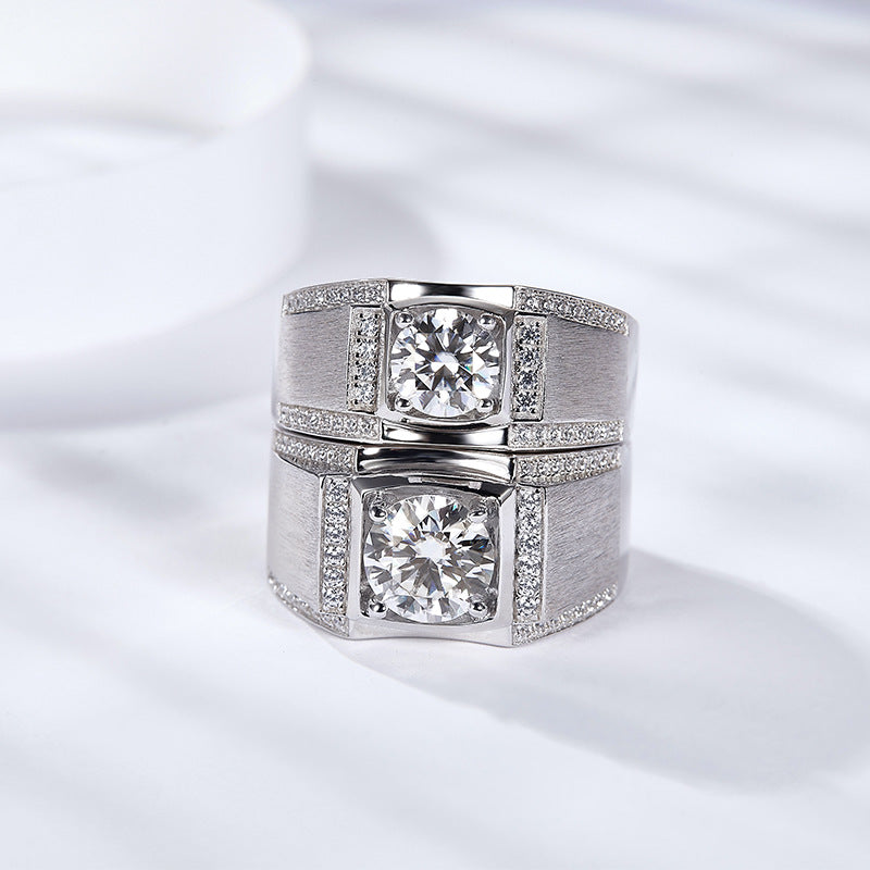 Moissanite Wedding Ring for Men, Wide Brushed Band with Round Center Stone product image