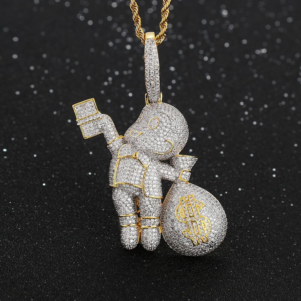 Hip Hop Dollar Money Bag Cubic Zirconia Pendant Necklace for Men and Women