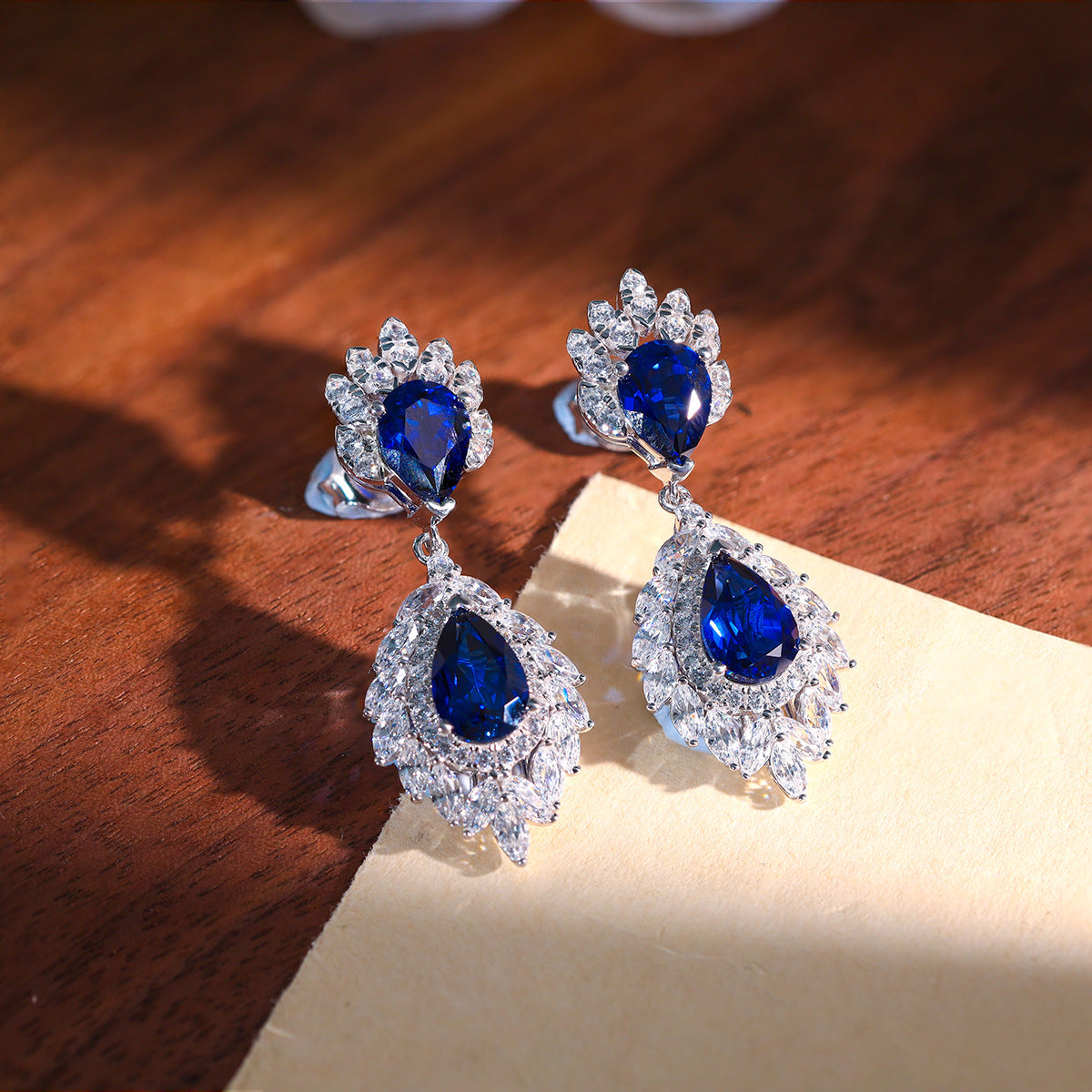 925 Silver Blue Teardrop Halo Ring and Earrings Set product image