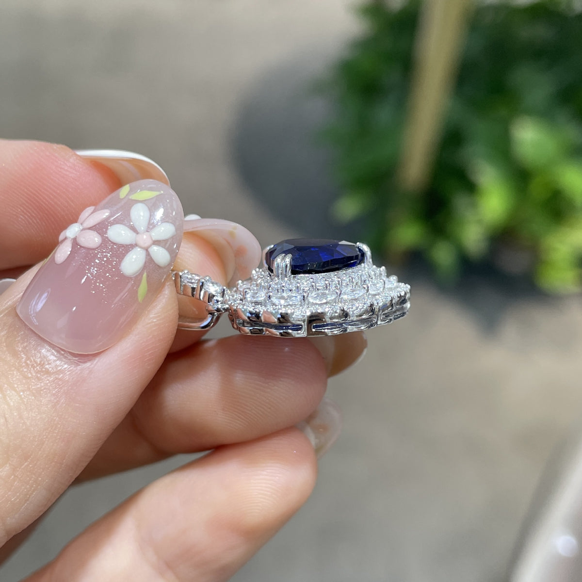 4 Carat Heart Blue Sapphire Pendant Necklace, Lab-Created, Floral Halo, S925 Silver product image