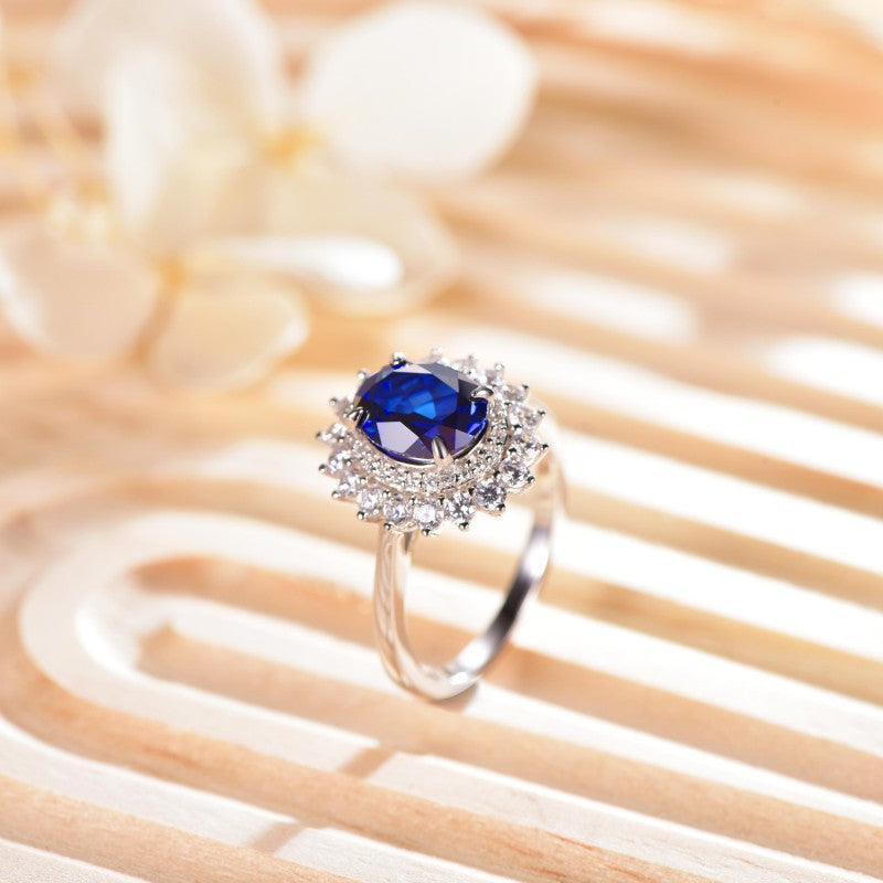 Blue Sapphire Halo Ring, Oval Center Stone Promise Ring, Double Halo Engagement Style Ring product image