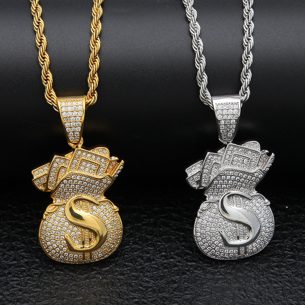 Gold Plated Money Bag Pendant Necklace with Cubic Zirconia on 24 Inch Twisted Stainless Steel Chain