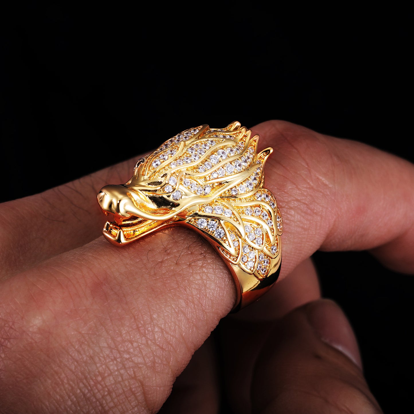 Men's Zircon Dragon Head Ring, Hip Hop Copper Ring, White Tone or Gold Tone, Sizes 7-11 product image