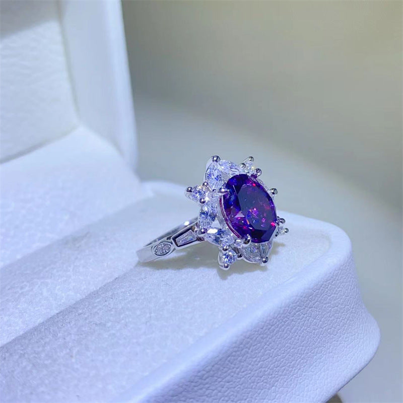 Purple Oval Moissanite Ring for Women, 2 Carat Halo Engagement Ring, U-Shaped Statement Ring product image