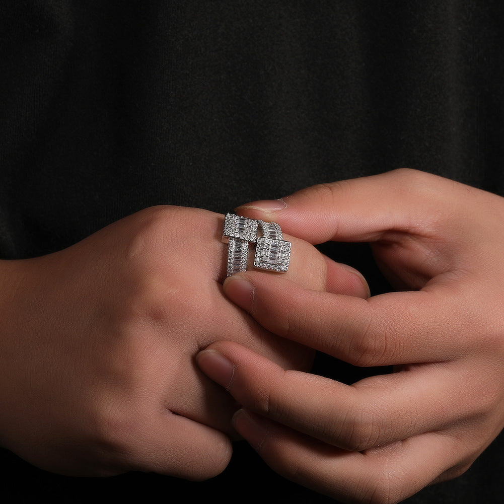 Unisex Square Halo Cubic Zirconia Ring in Gold or Silver Tone, Hip Hop Statement Band