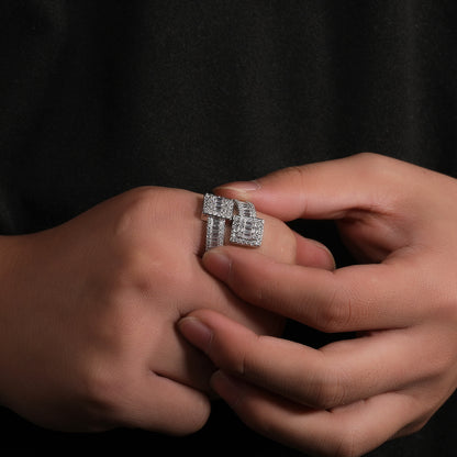 Square halo cubic zirconia ring adjusted on finger