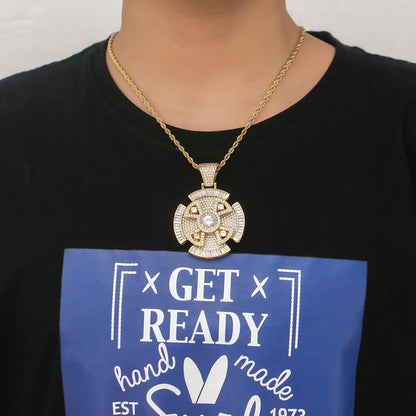Hip Hop Light Luxury Cross Floral Geometric Copper Pendant Necklace for Men and Women
