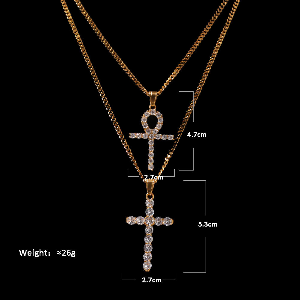 Gold Plated Stainless Steel Cross Pendant Necklace with Crystal Cuban Chain for Women