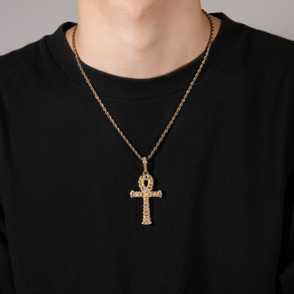 Iced Cross Pendant Necklace with Cubic Zirconia Twisted Chain, Gold Tone Statement Hip Hop Necklace
