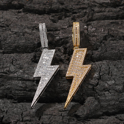 Iced Lightning Bolt Pendant Necklace with Cuban Twist Chain for Women and Men