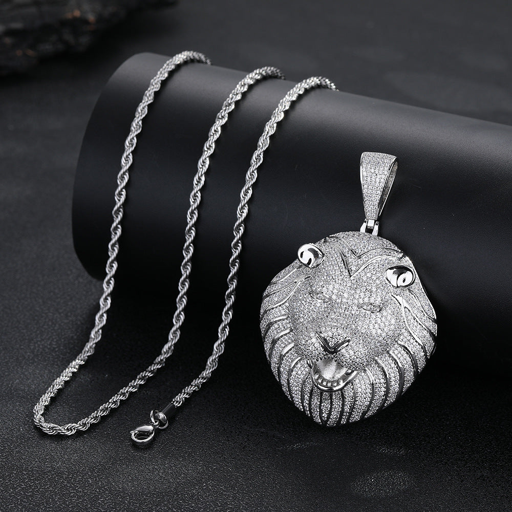Lion Head Pendant Necklace, Micro-Set Zircon Rope Chain Hip Hop Jewelry