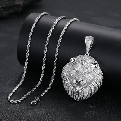 Lion Head Pendant Necklace, Micro-Set Cubic Zirconia Rope Chain Hip Hop Jewelry