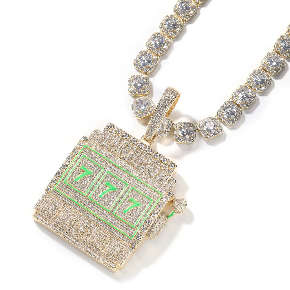 Iced 777 Slot Machine Pendant Necklace with Twisted Chain for Women and Men