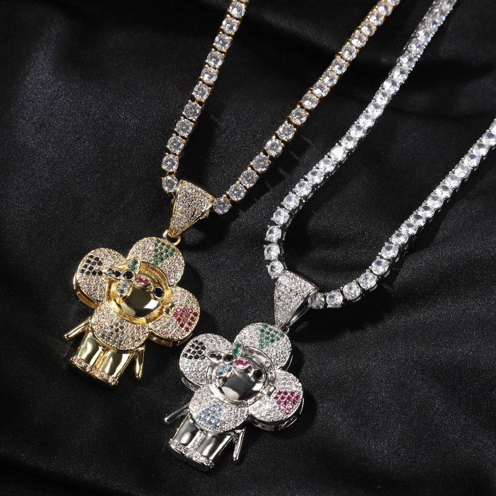 Hip Hop Flower Character Pendant Necklace with Cubic Zirconia Rope Chain for Women