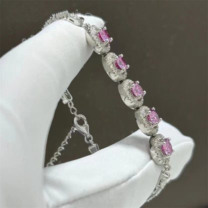 Pink VVS1 Moissanite Tennis Bracelet for Women, White-Tone Halo Link Bracelet
