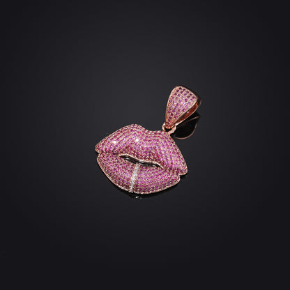 Rose-Tone Zircon Lips Pendant Rope Chain Necklace for Men