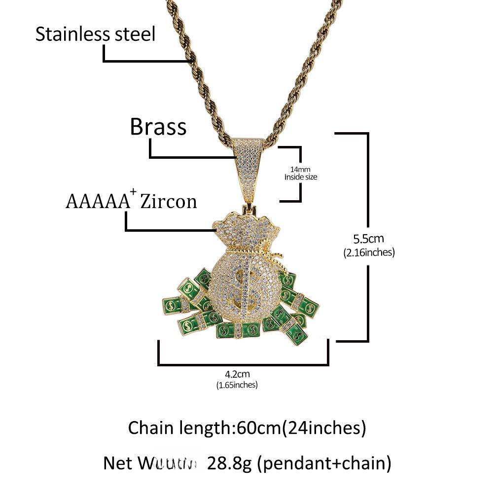 Iced Money Bag Pendant Necklace with Cuban Twist Chain for Women & Men - Gold or Silver Plated Cubic Zirconia Hip Hop Statement Jewelry