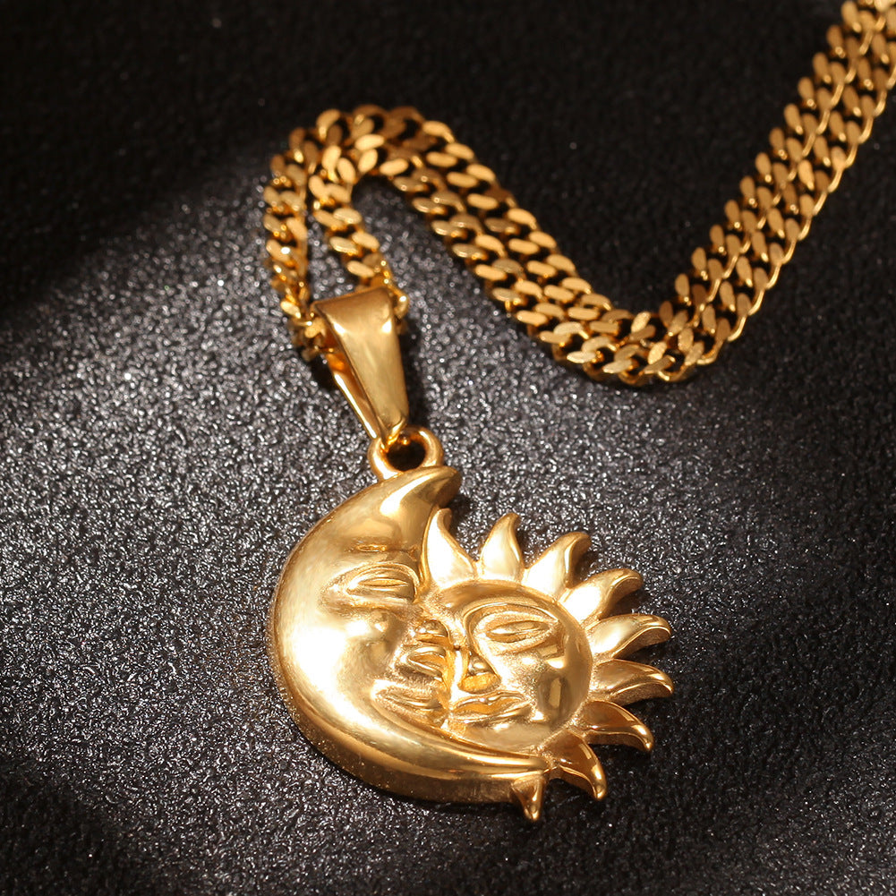 Gold Plated Stainless Steel Sun Moon Pendant Necklace with Cuban Chain, Statement Celestial Jewelry for Women