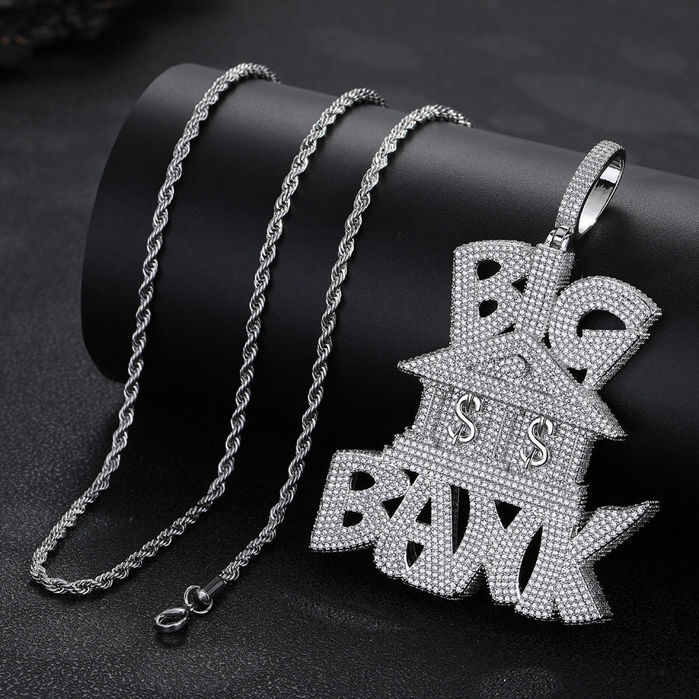 Big Bank Hip Hop Pendant Necklace, Iced Out Letter Pendant Rope Chain for Men and Women, Copper Statement Chain
