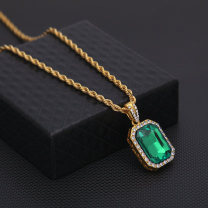Men’s Iced Gemstone Pendant Necklace with Cuban or Rope Chain, Gold Tone & Silver Tone Crystal Statement Jewelry