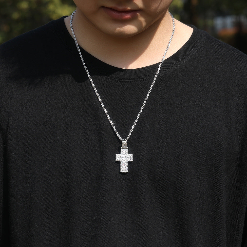 Iced Cross Pendant Necklace for Women and Men, Cubic Zirconia Copper Pendant with 24 Inch Twisted Chain, Gold Plated or Silver Plated Statement Necklace