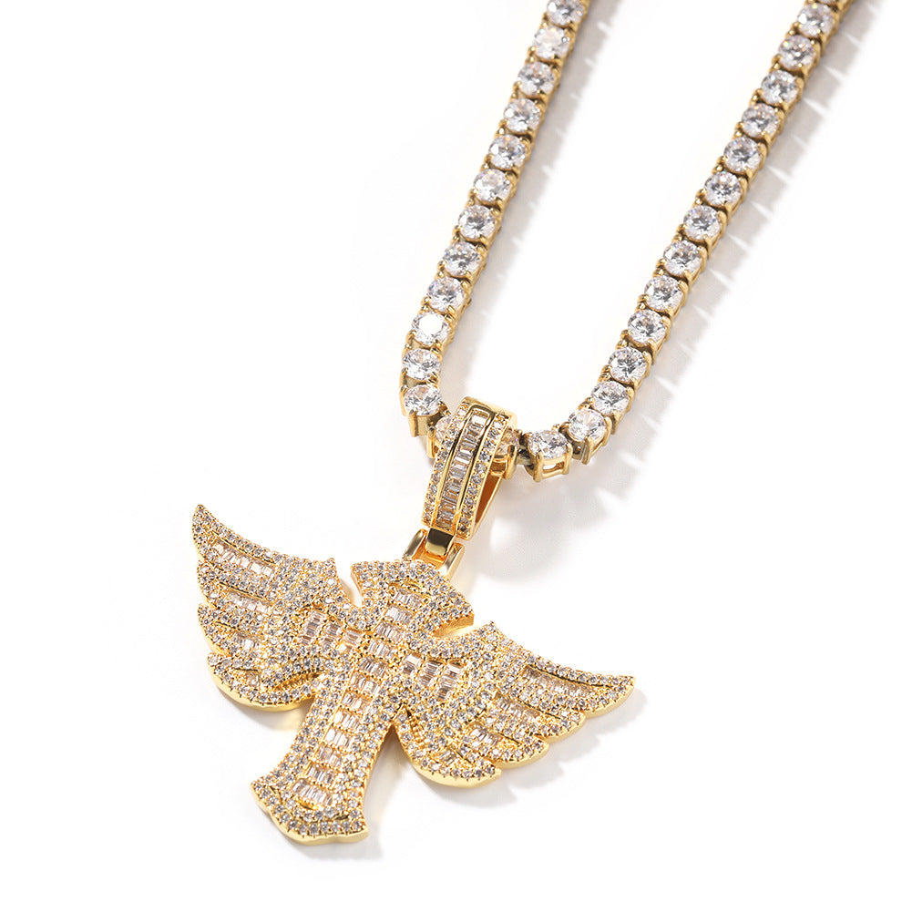 Men’s Iced Winged Cross Pendant Necklace with Diamond-Look Stones, Gold Plated Copper Chain, Hip Hop Statement Jewelry