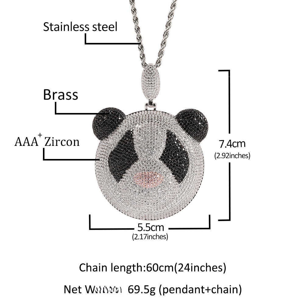 Iced Cartoon Panda Pendant Necklace for Women and Men, Silver Plated Cubic Zirconia Hip Hop Statement Chain, 24 Inch Stainless Steel Twist Chain