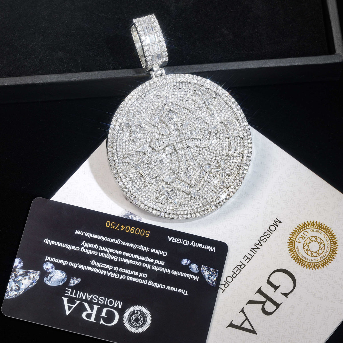 Moissanite Cross Pendant Necklace, Round Disc Iced-Out Rope Chain product image