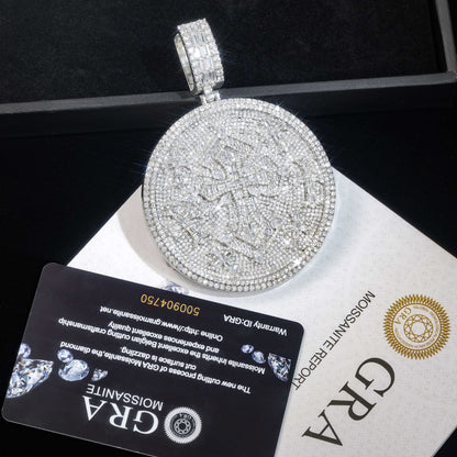 Moissanite Cross Pendant Necklace, Round Disc Iced-Out Rope Chain