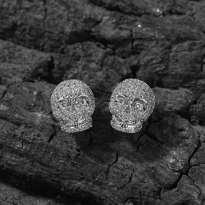 Unisex Skull Stud Earrings with Cubic Zirconia - Hip Hop Statement Earrings in Gold or Silver Tone