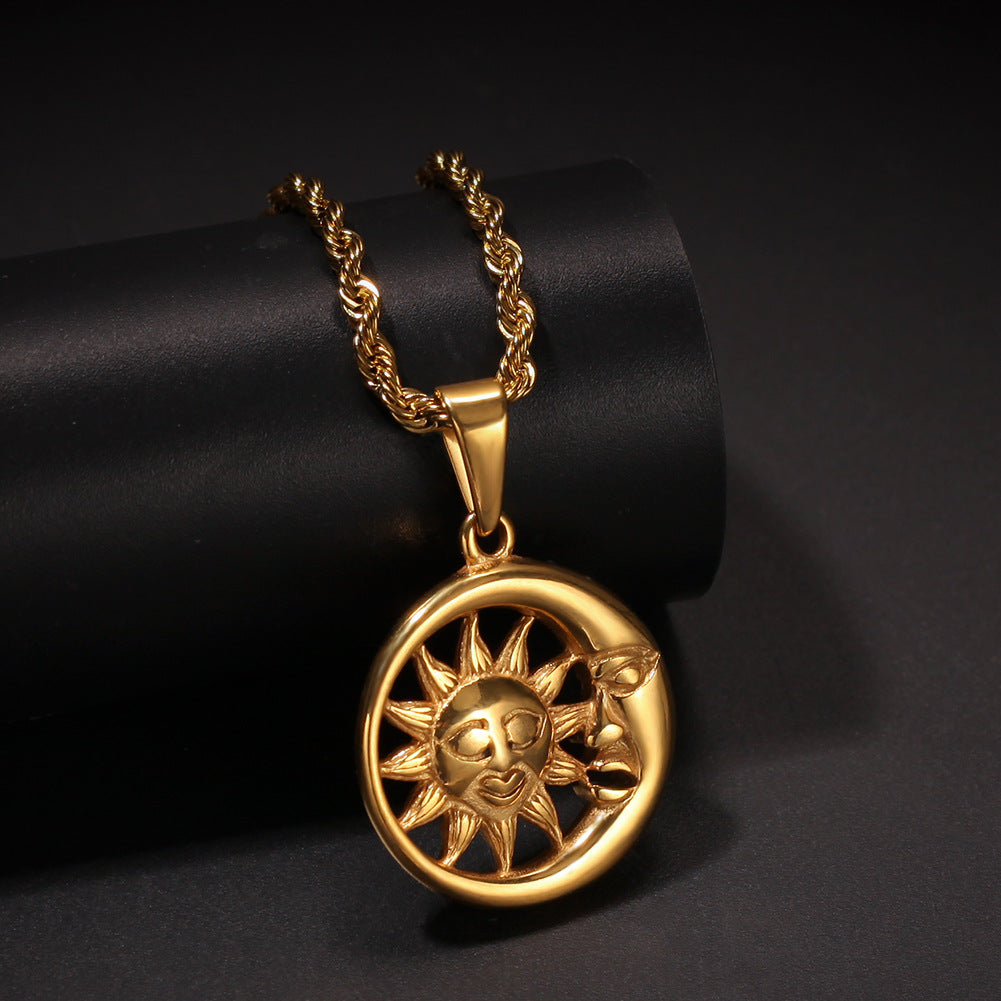 Golden Sun Moon Pendant Necklace for Women - Stainless Steel Celestial Charm Chain Necklace, Vintage Statement Jewelry Gift 2026