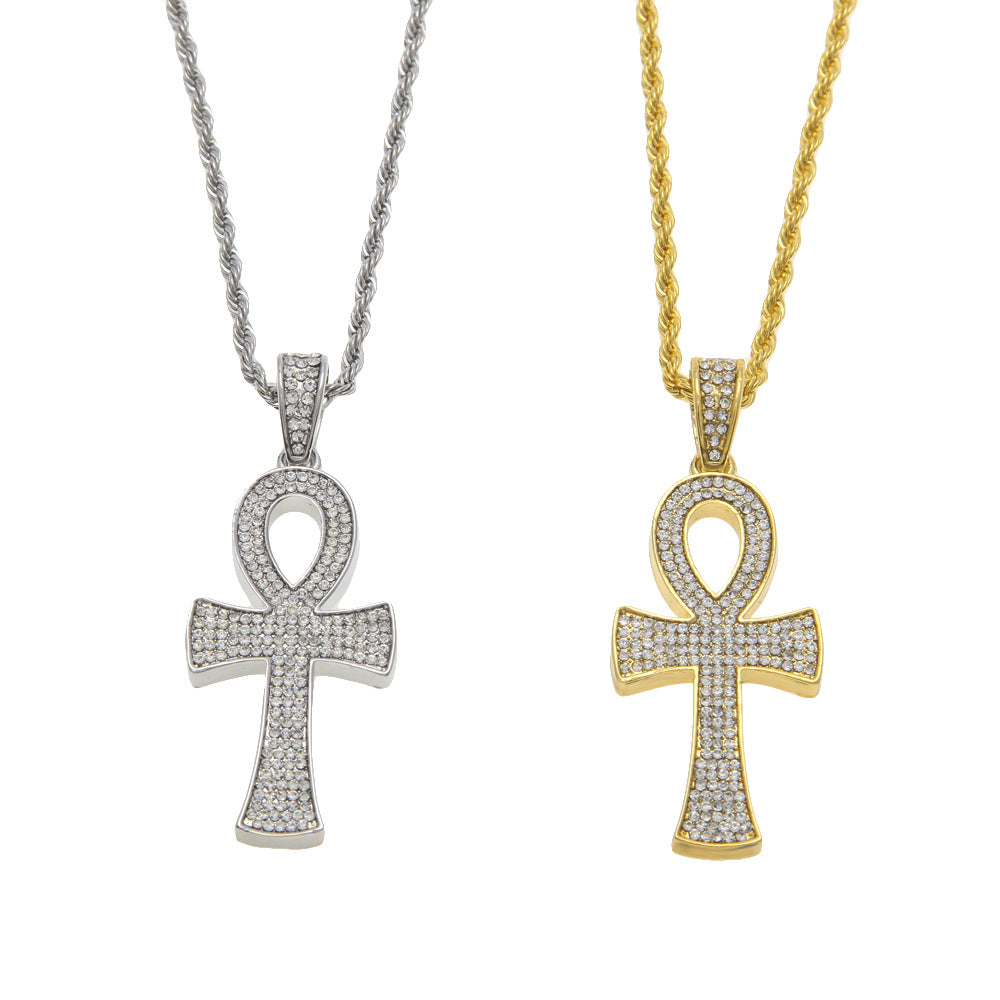 Gold Plated Ankh Pendant Necklace with Crystal Pavé Rope Chain for Women and Men