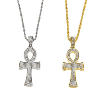 Gold Plated Ankh Pendant Necklace with Crystal Pavé Rope Chain for Women and Men