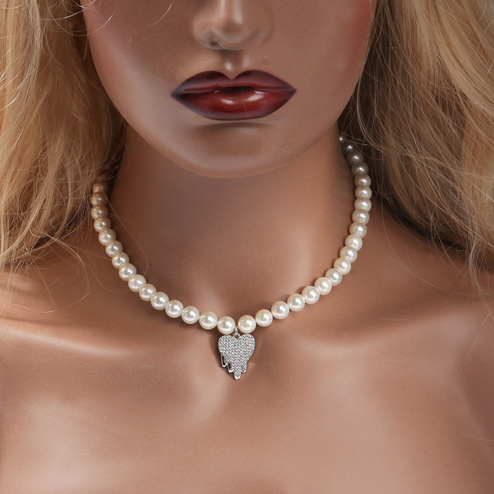 Unisex Pearl Chain Necklace with Cubic Zirconia Heart Pendant - Trendy Statement Pearl Necklace