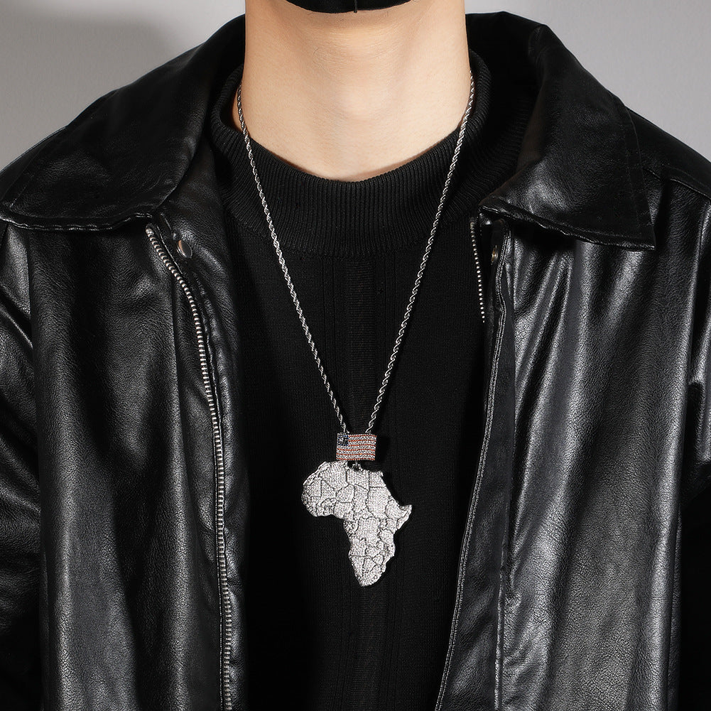 Iced Africa Map Pendant Necklace with CZ Stones & 24 Inch 3mm Rope Chain – Hip Hop Copper Necklace in Gold and Silver Tone