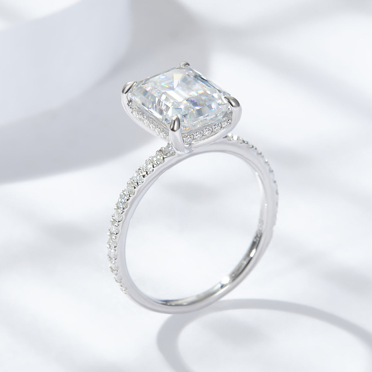 4 Carat Emerald Cut Moissanite Ring in 925 Silver, Pavé Band Promise Ring product image