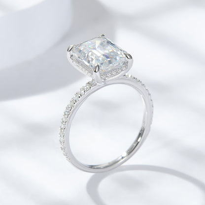 4 Carat Emerald Cut Moissanite Ring in 925 Silver, Pavé Band Promise Ring