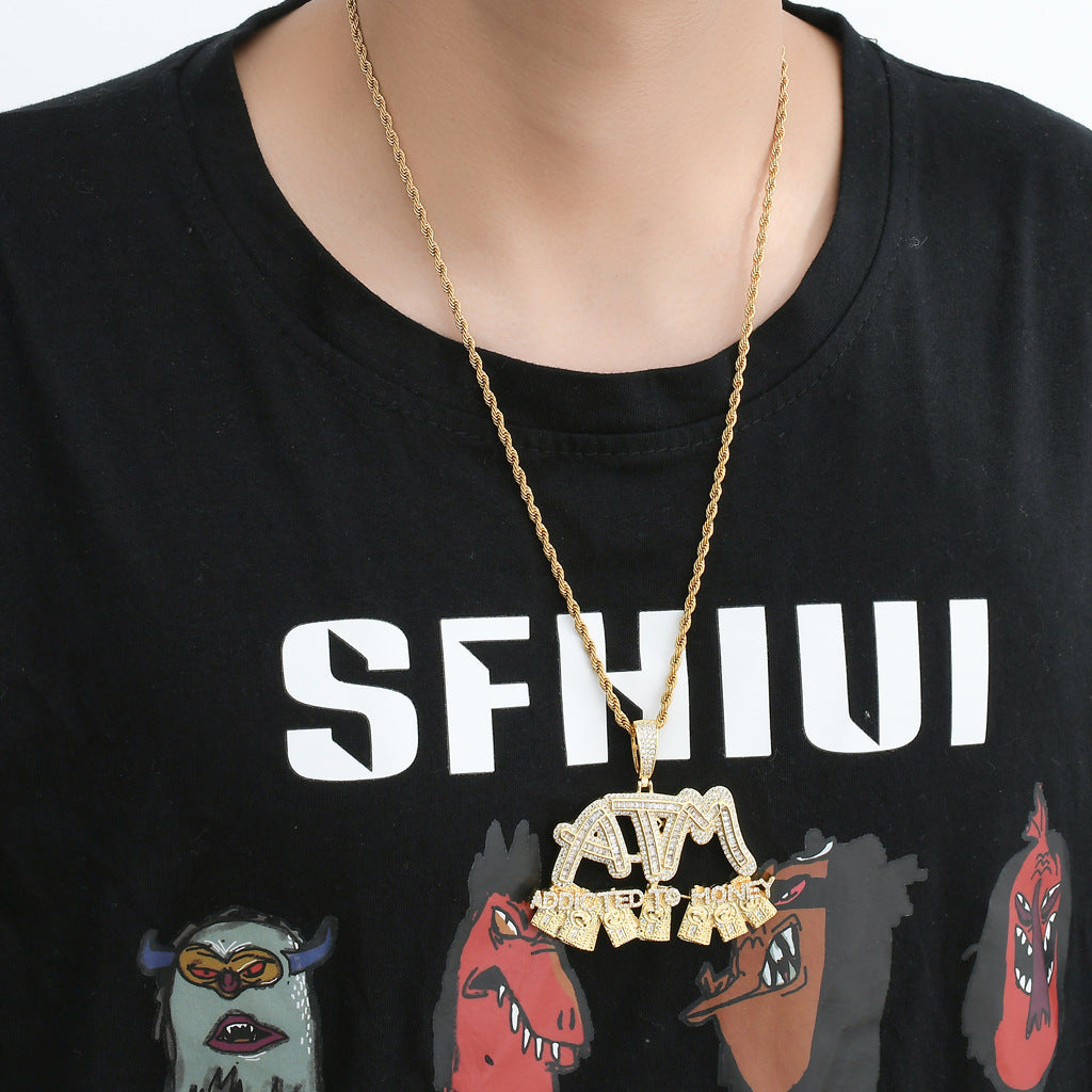 Hip Hop Letter Dollar Cubic Zirconia Pendant Necklace for Men and Women