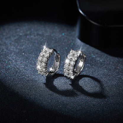 Double Row Clear Stone Hoop Earrings, 925 Marked Huggie Hoops
