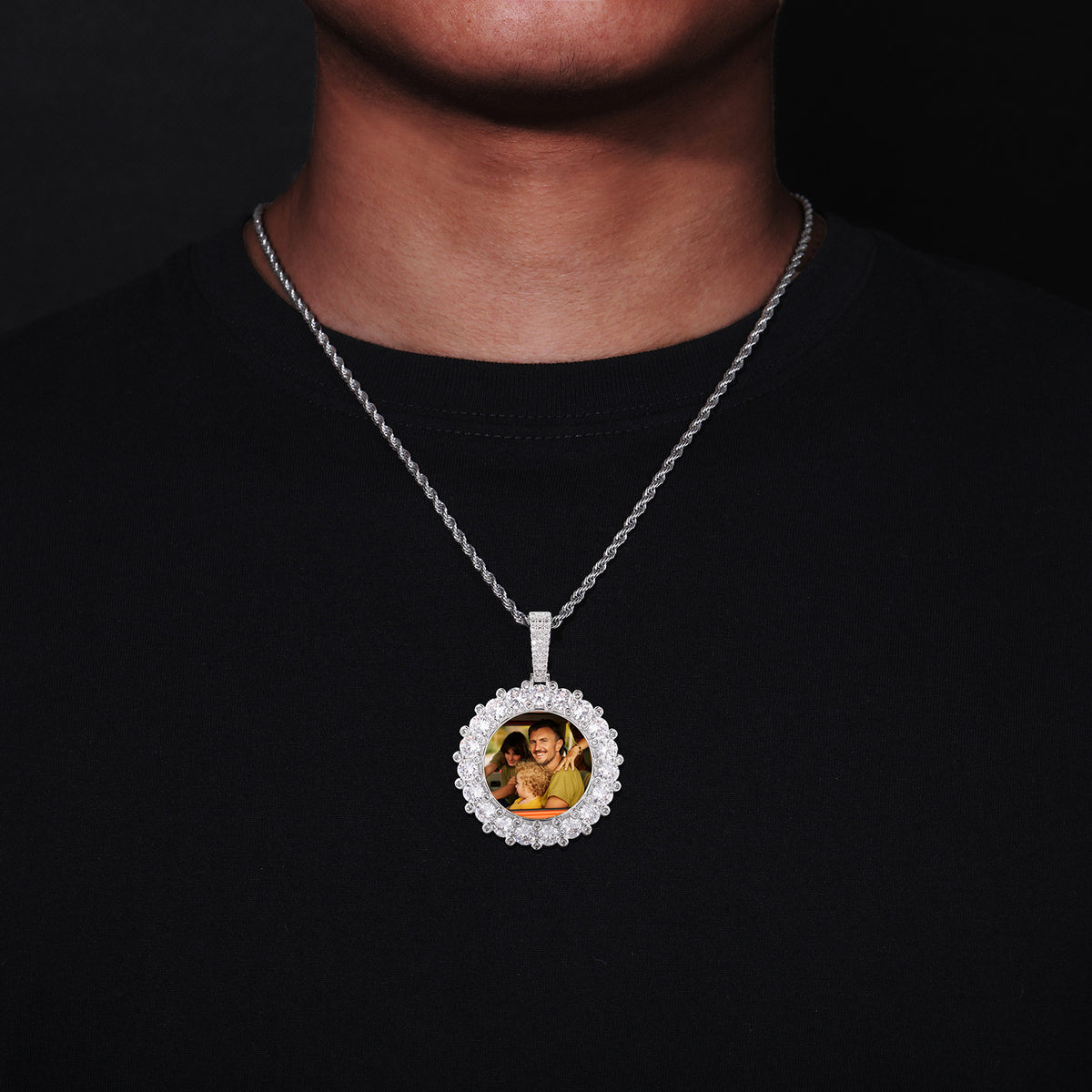 Round Photo Frame Pendant Necklace with Cubic Zirconia Accent Chain product image