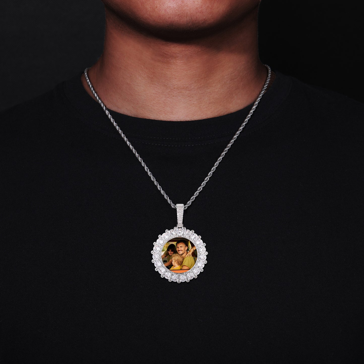 Round Photo Frame Pendant Necklace with Cubic Zirconia Accent Chain product image