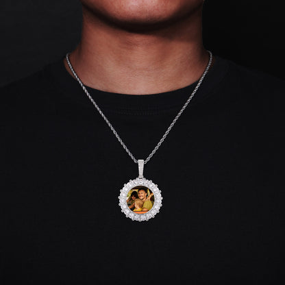 Round Photo Frame Pendant Necklace with Cubic Zirconia Accent Chain