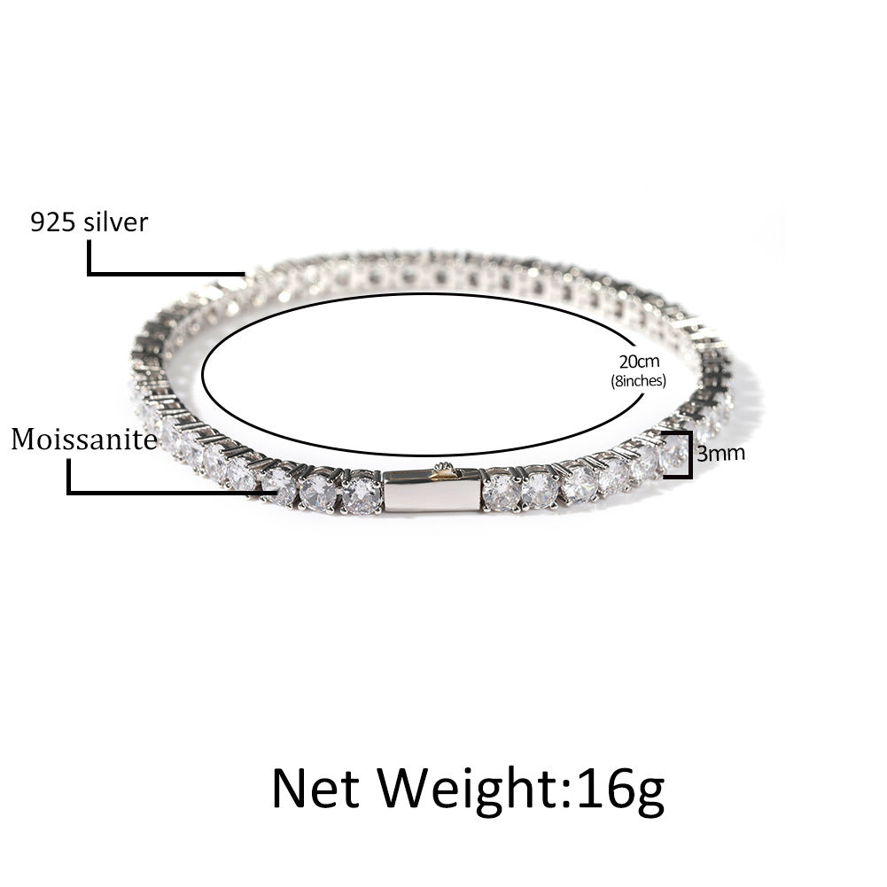 925 Sterling Silver Moissanite Tennis Bracelet for Women & Men - Iced Out Line Chain in Gold or Silver, 3mm/4mm