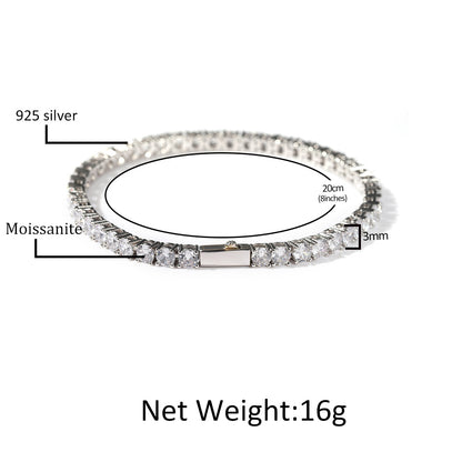 925 Sterling Silver Moissanite Tennis Bracelet for Women & Men - Iced Out Line Chain in Gold or Silver, 3mm/4mm